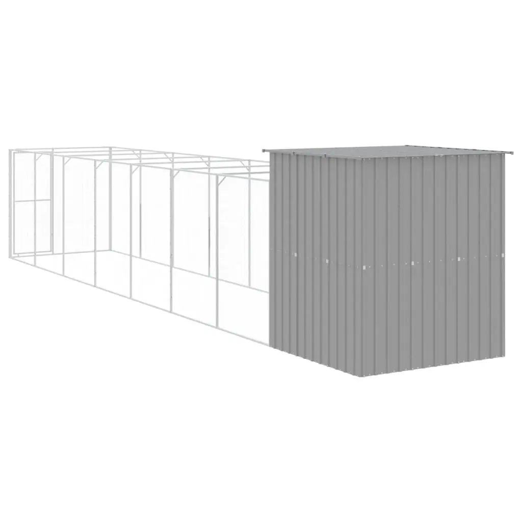 Dog House with Run Light Grey Galvanised Steel Outdoor Pet Cage Shelter