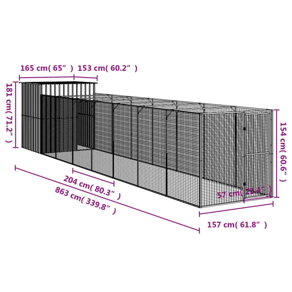 Dog House with Run Light Grey Galvanised Steel Outdoor Pet Cage Shelter