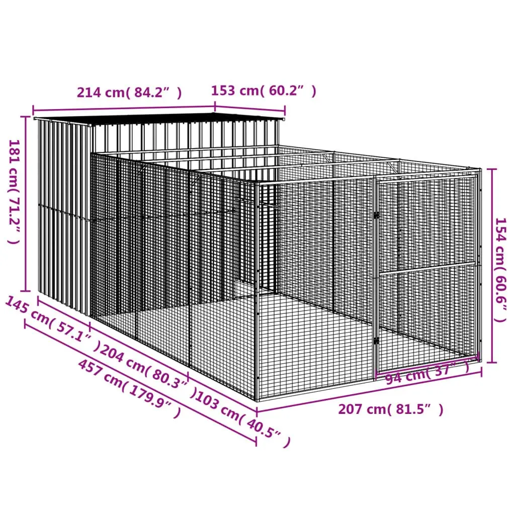 Dog House with Run Anthracite Galvanised Steel Pet Kennel Outdoor Cage Enclosure