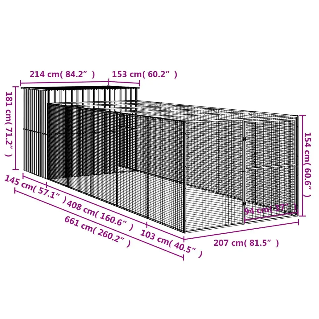 Dog House with Run Anthracite Galvanised Steel Outdoor Pet Enclosure Kennel