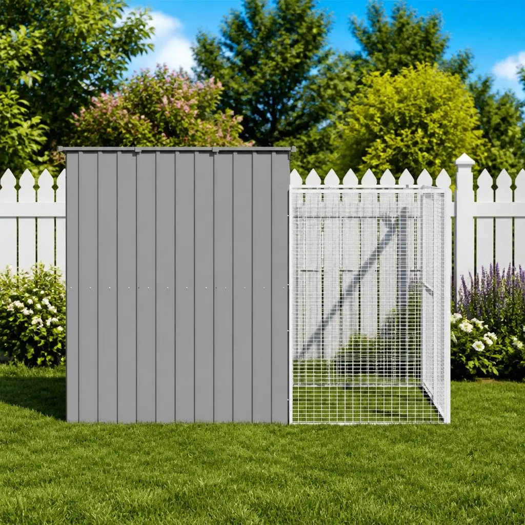 Dog House with Run Light Grey Galvanised Steel Outdoor Pet Kennel Enclosure