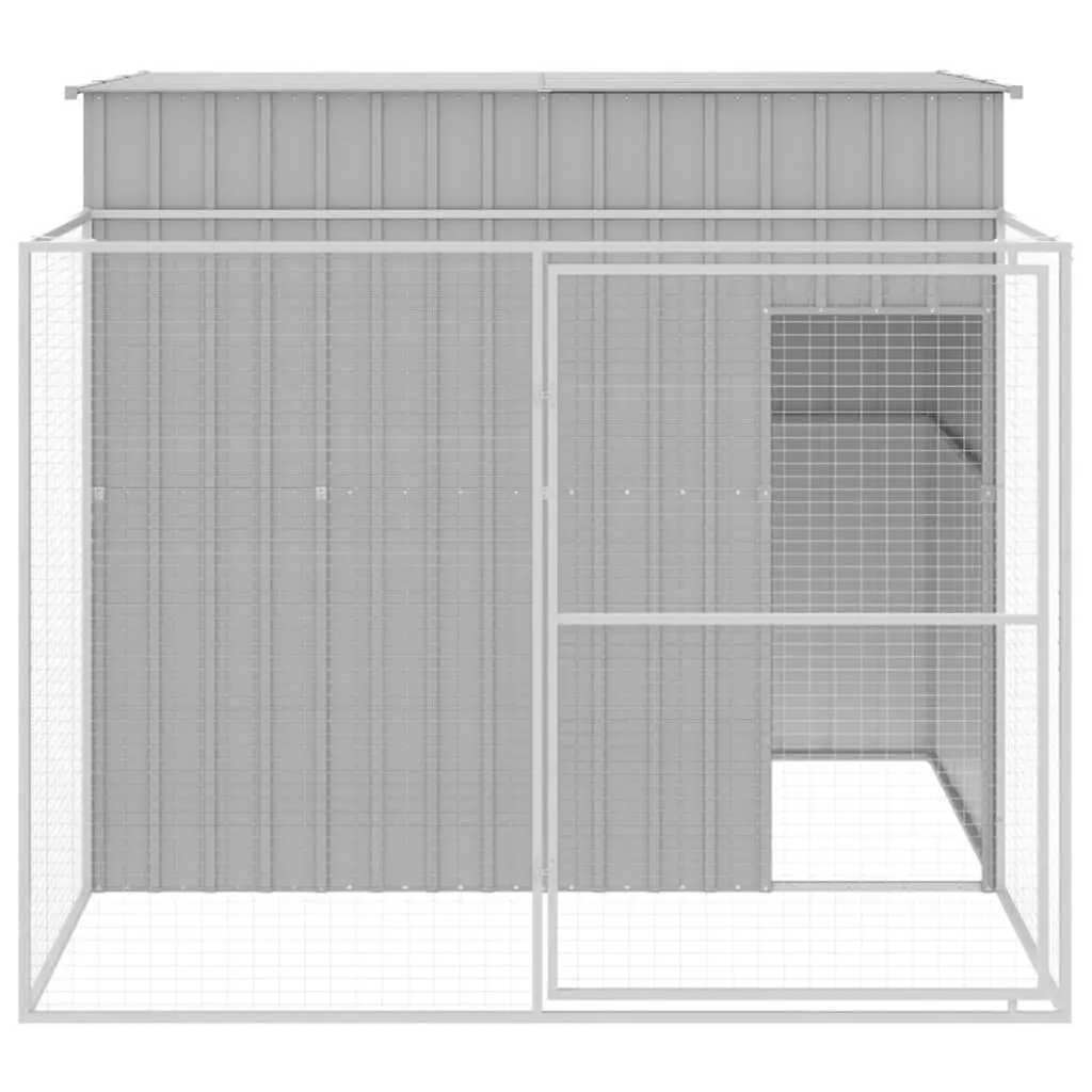 Dog House with Run Light Grey Galvanised Steel Outdoor Pet Kennel Enclosure