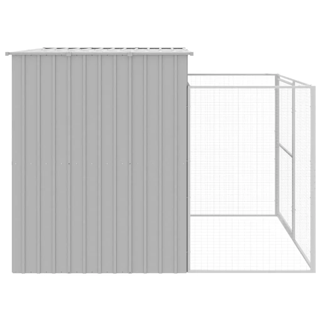 Dog House with Run Light Grey Galvanised Steel Outdoor Pet Kennel Enclosure