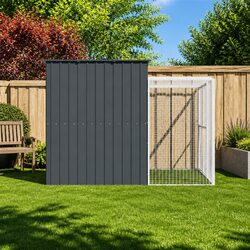 Dog House with Run Anthracite Galvanised Steel Outdoor Pet Kennel Enclosure