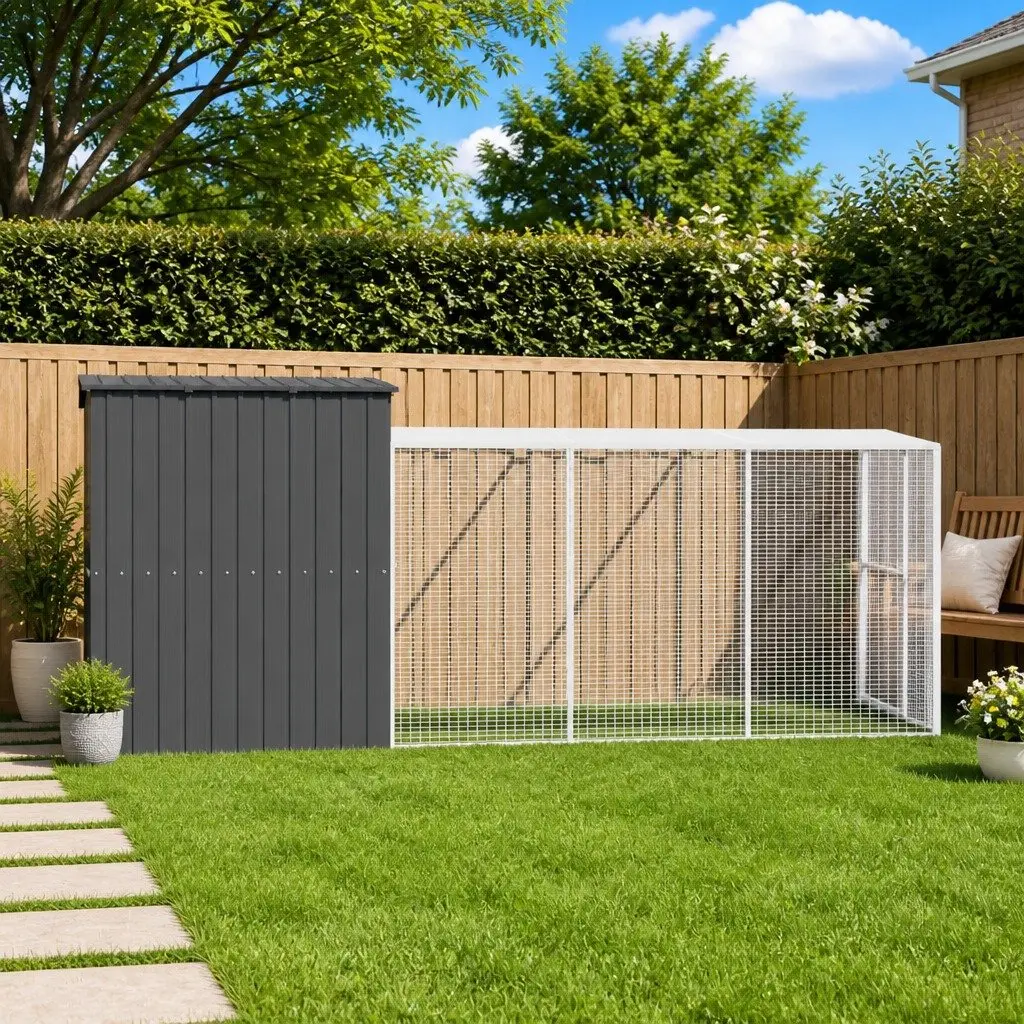 Dog House with Run Anthracite Galvanised Steel Outdoor Pet Kennel Cage Enclosure