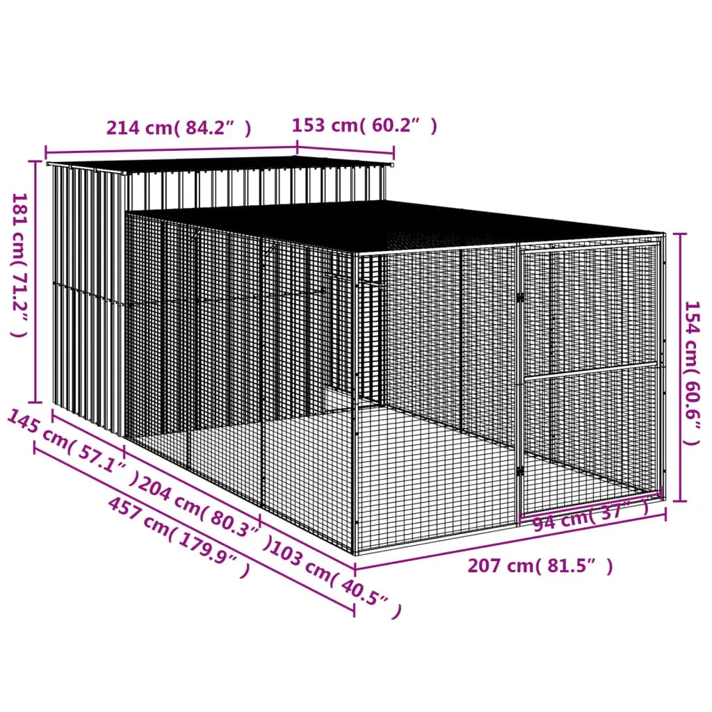 Dog House with Run Anthracite Galvanised Steel Outdoor Pet Kennel Cage Enclosure