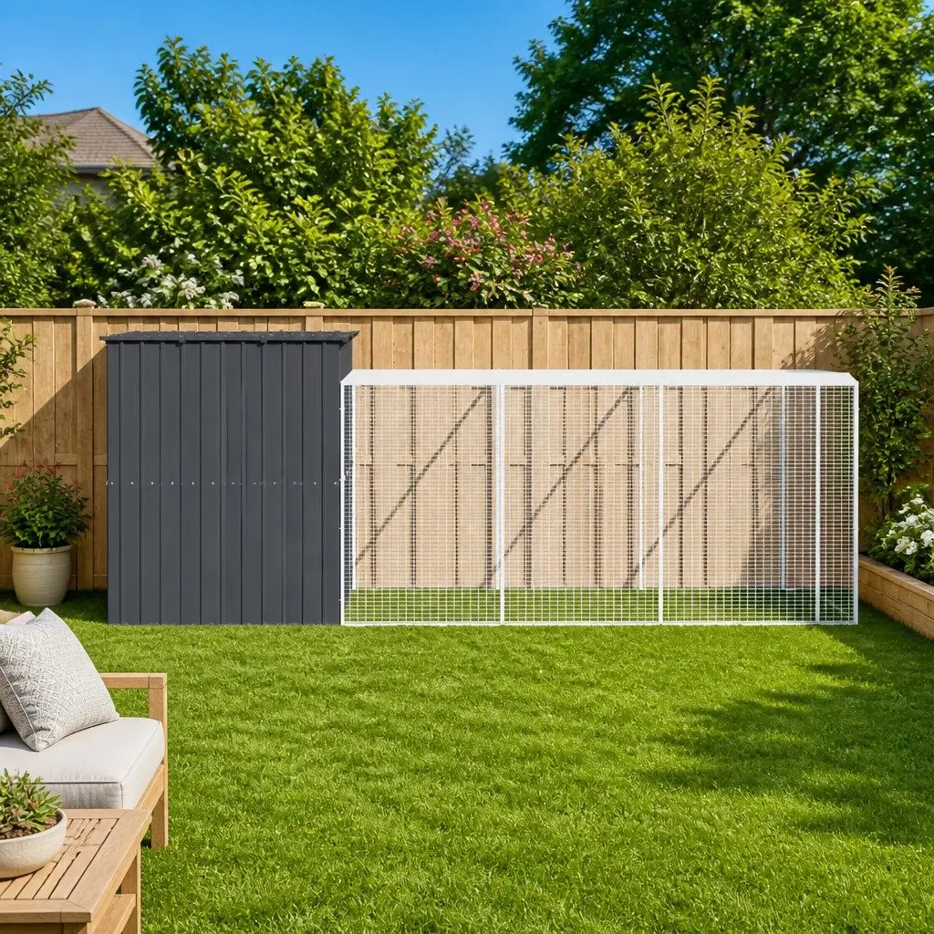 Dog House Galvanised Steel Large Anthracite Outdoor Kennel with Run