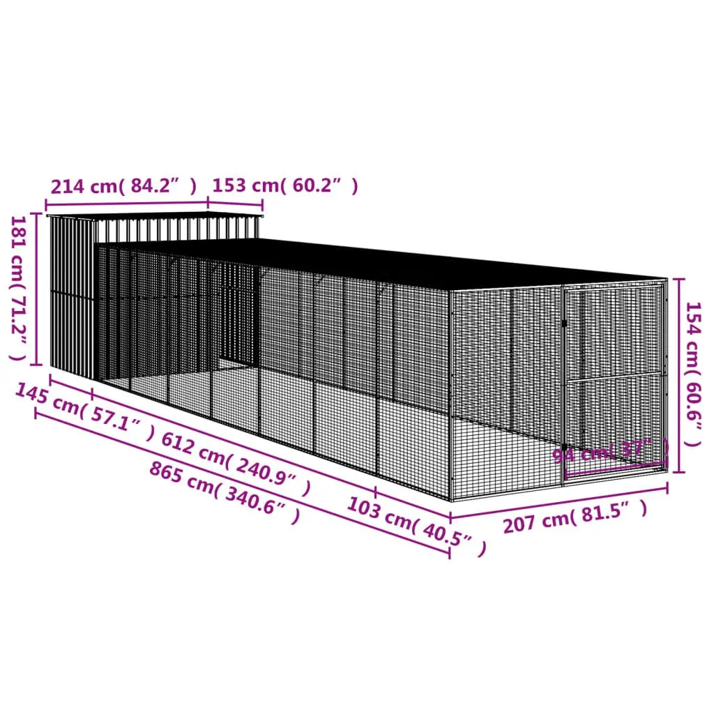 Dog House with Run Anthracite Galvanised Steel Outdoor Pet Kennel Enclosure