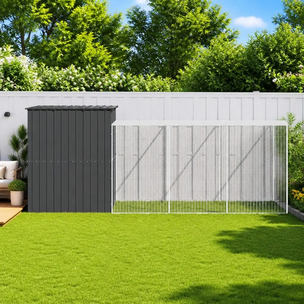 Dog House with Run Anthracite Galvanised Steel Large Outdoor Pet Kennel