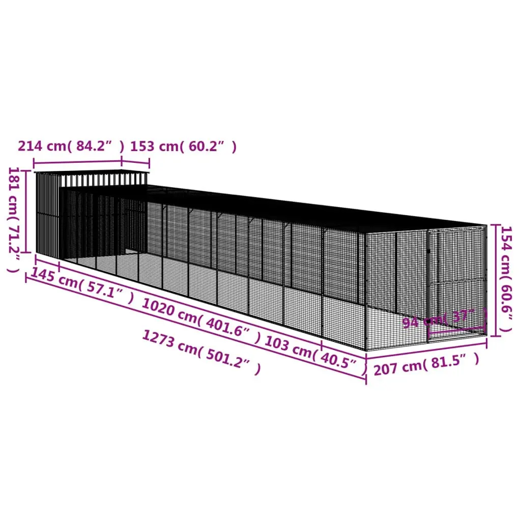 Dog House with Run Anthracite Galvanised Steel Large Outdoor Pet Kennel