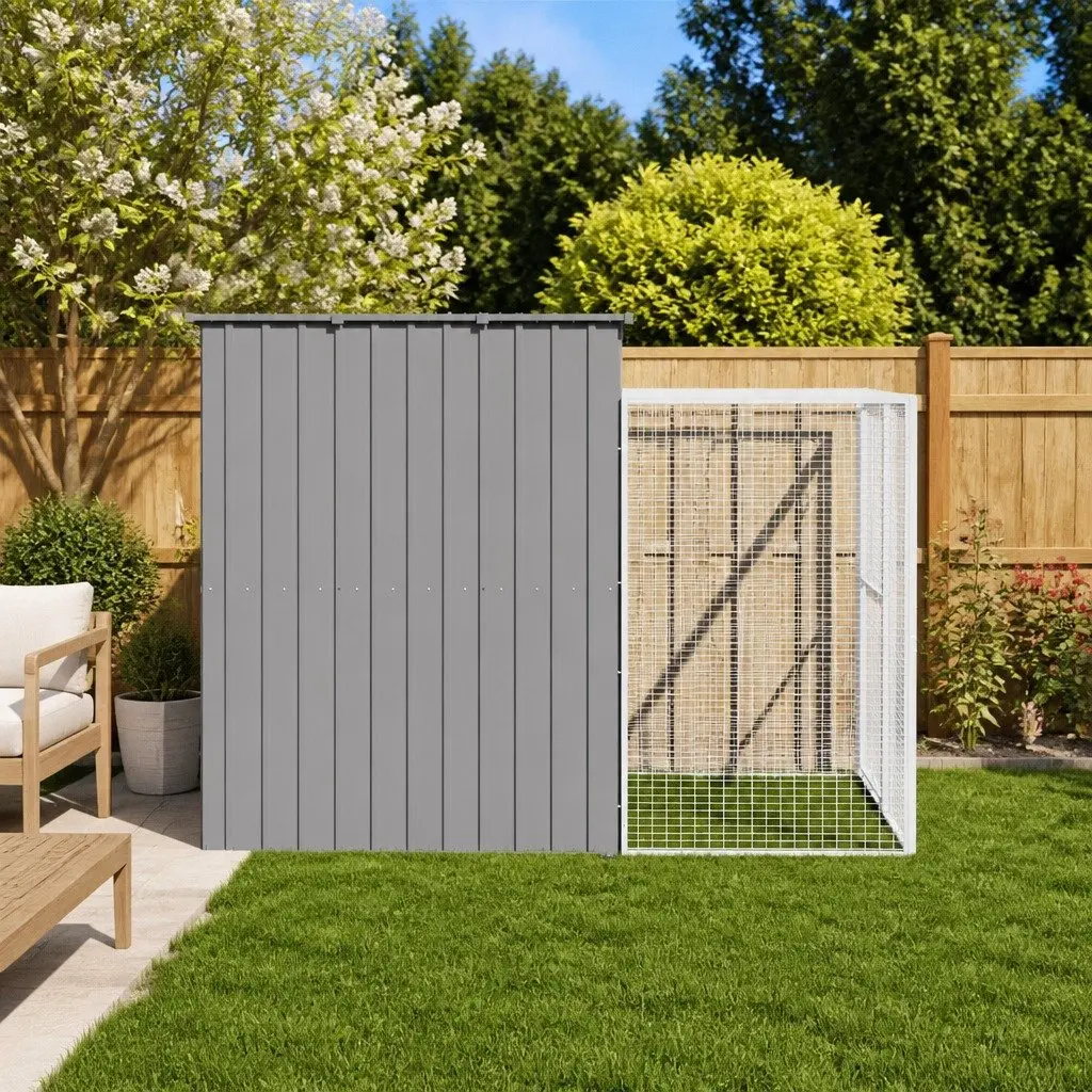 Dog House with Run Light Grey Galvanised Steel Outdoor Pet Kennel Enclosure