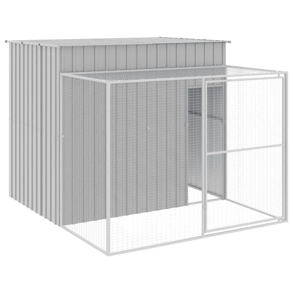 Dog House with Run Light Grey Galvanised Steel Outdoor Pet Kennel Enclosure