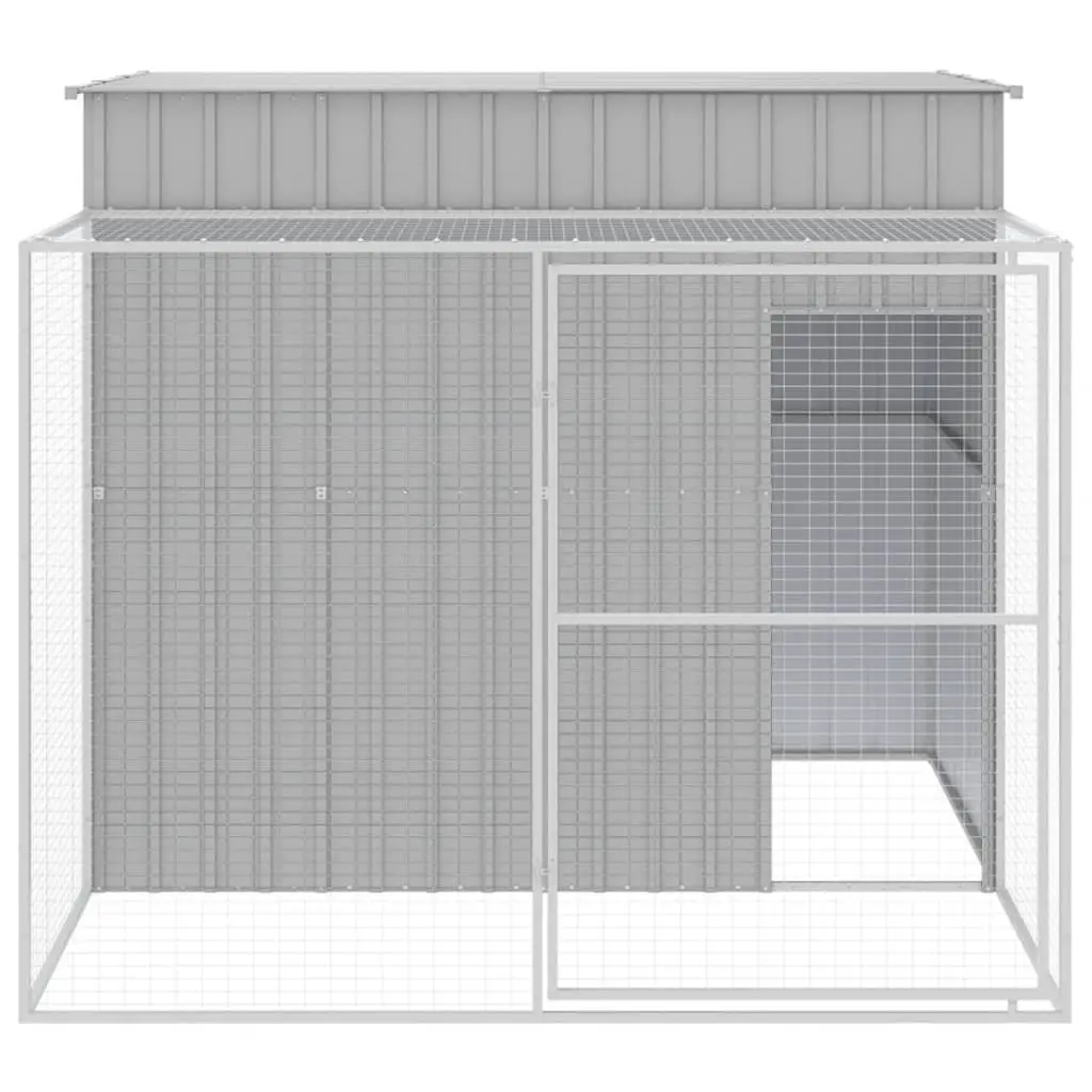 Dog House with Run Light Grey Galvanised Steel Outdoor Pet Kennel Enclosure