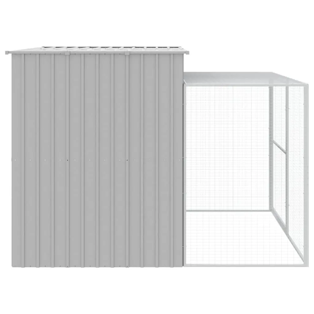 Dog House with Run Light Grey Galvanised Steel Outdoor Pet Kennel Enclosure