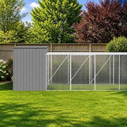 Dog House with Run Grey Galvanised Steel Outdoor Pet Enclosure Large Kennel
