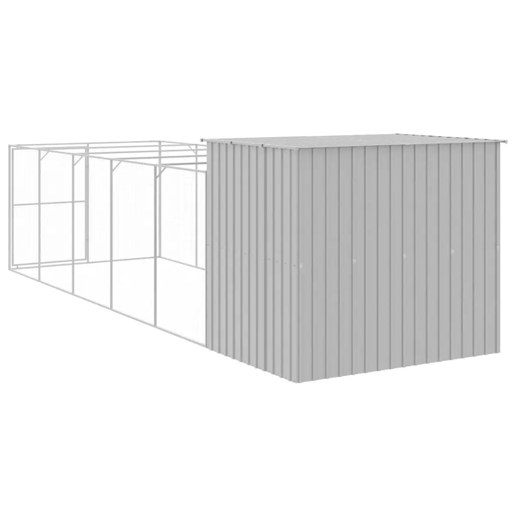 Dog House with Run Grey Galvanised Steel Outdoor Pet Enclosure Large Kennel