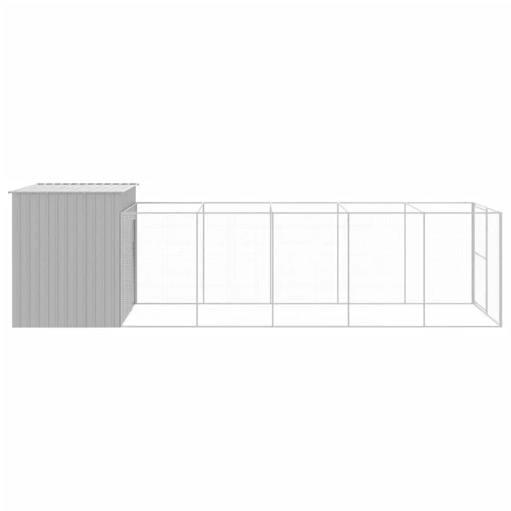 Dog House with Run Grey Galvanised Steel Outdoor Pet Enclosure Large Kennel