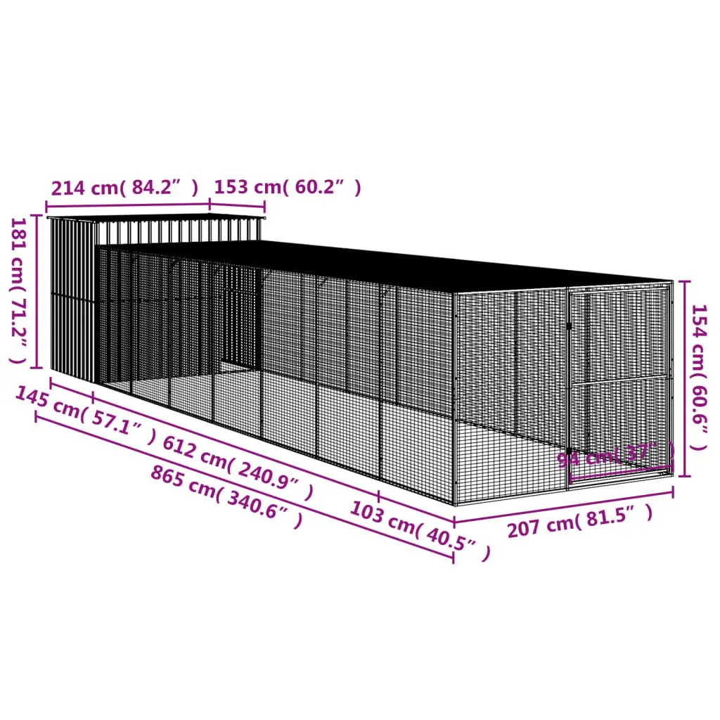 Dog House with Run Outdoor Kennel Light Grey Galvanised Steel Pet Shelter