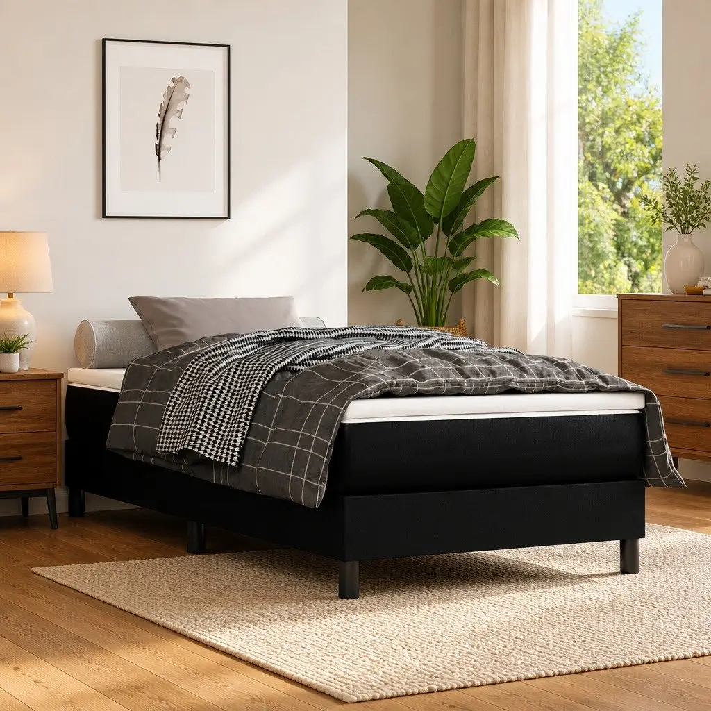 King Single Bed Frame Black Faux Leather Upholstered Platform Construction with Plywood Slats
