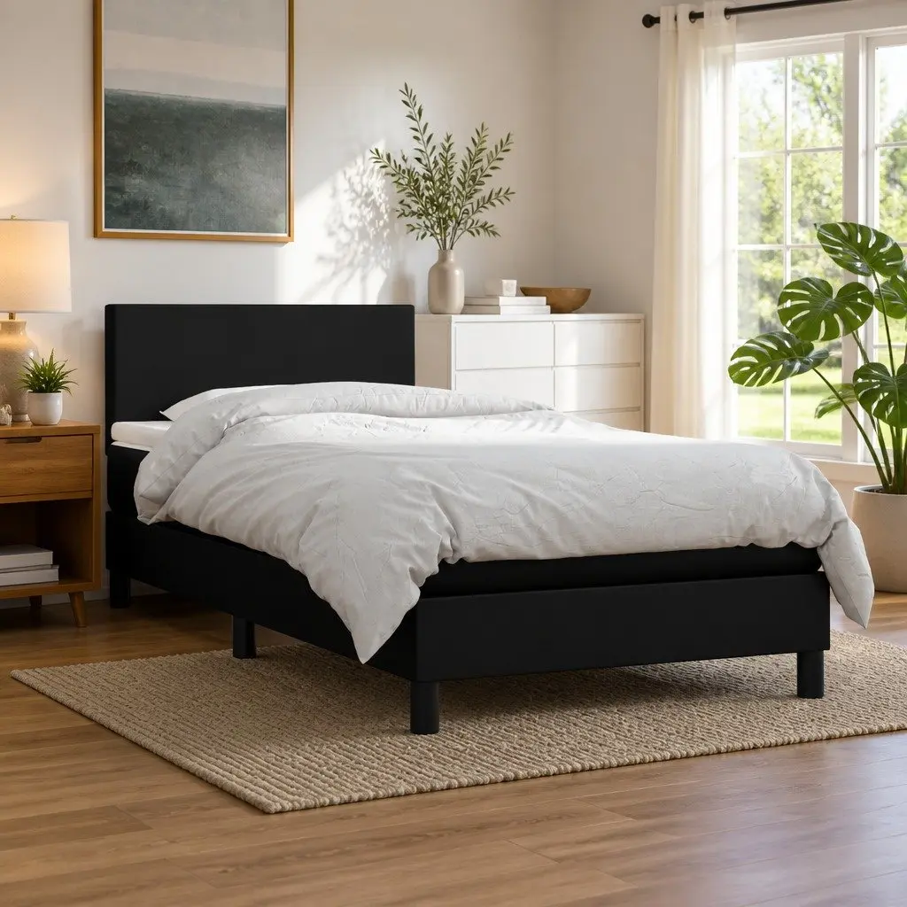 Box Spring Bed with Pocket Spring Mattress King Single Size Black Adjustable Headboard
