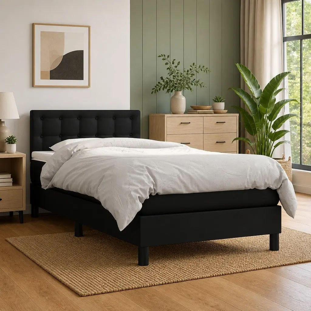 Box Spring Bed Black Faux Leather with Pocket Spring Mattress 100x200 cm Adjustable Headboard