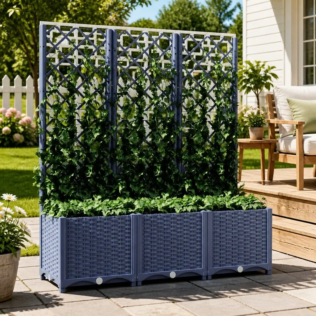 Garden Planter with Trellis Weather-Resistant PP 120 x 40 x 136 cm Grey