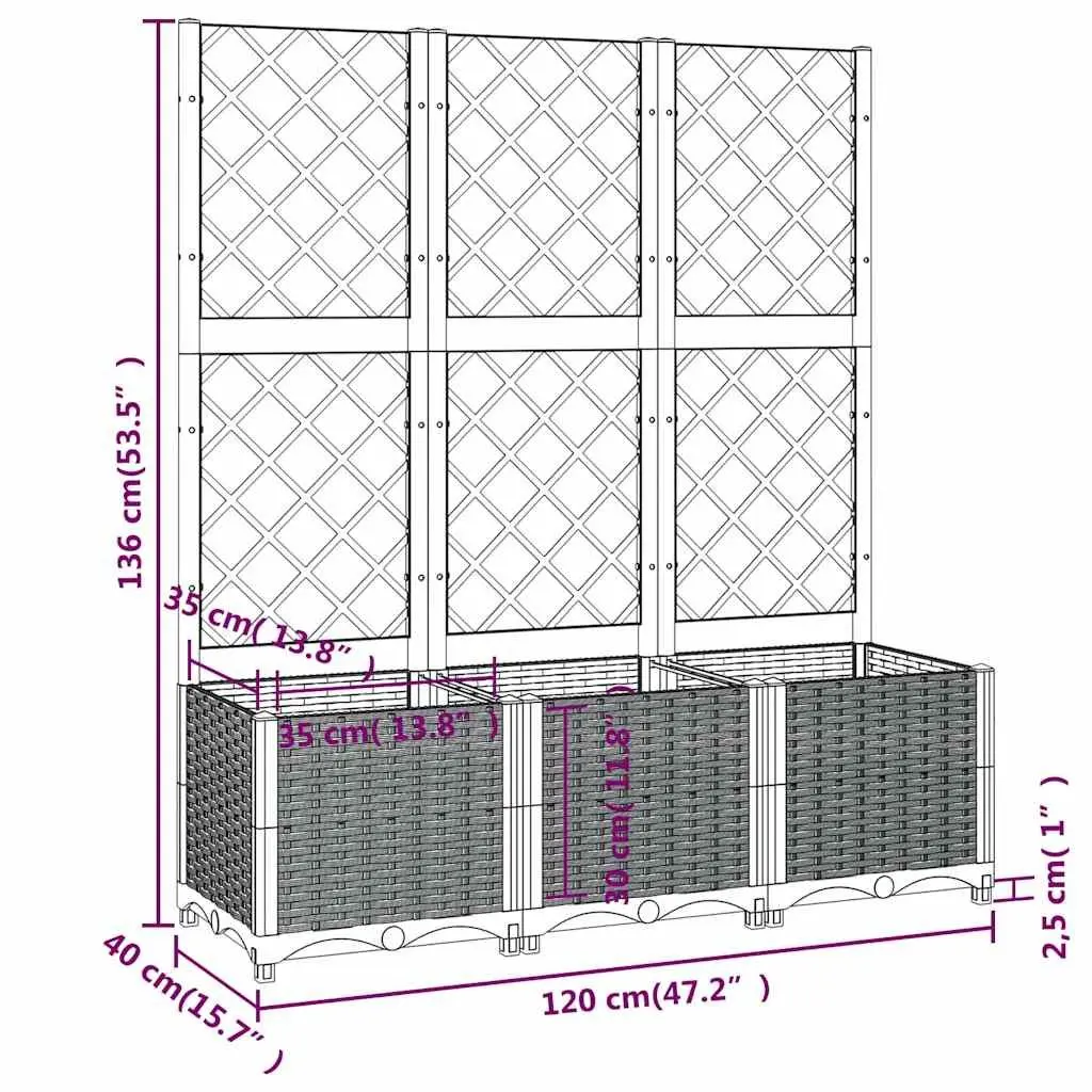 Garden Planter with Trellis Weather-Resistant PP 120 x 40 x 136 cm Grey