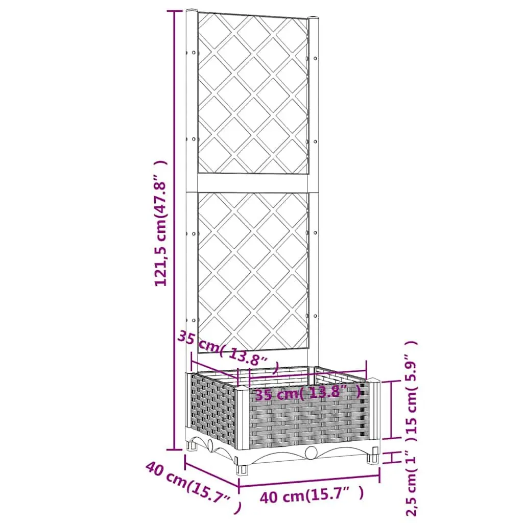 Garden Planter Black PP Outdoor Planter Box with Trellis for Climbing Plants 40 x 40 x 121.5 cm