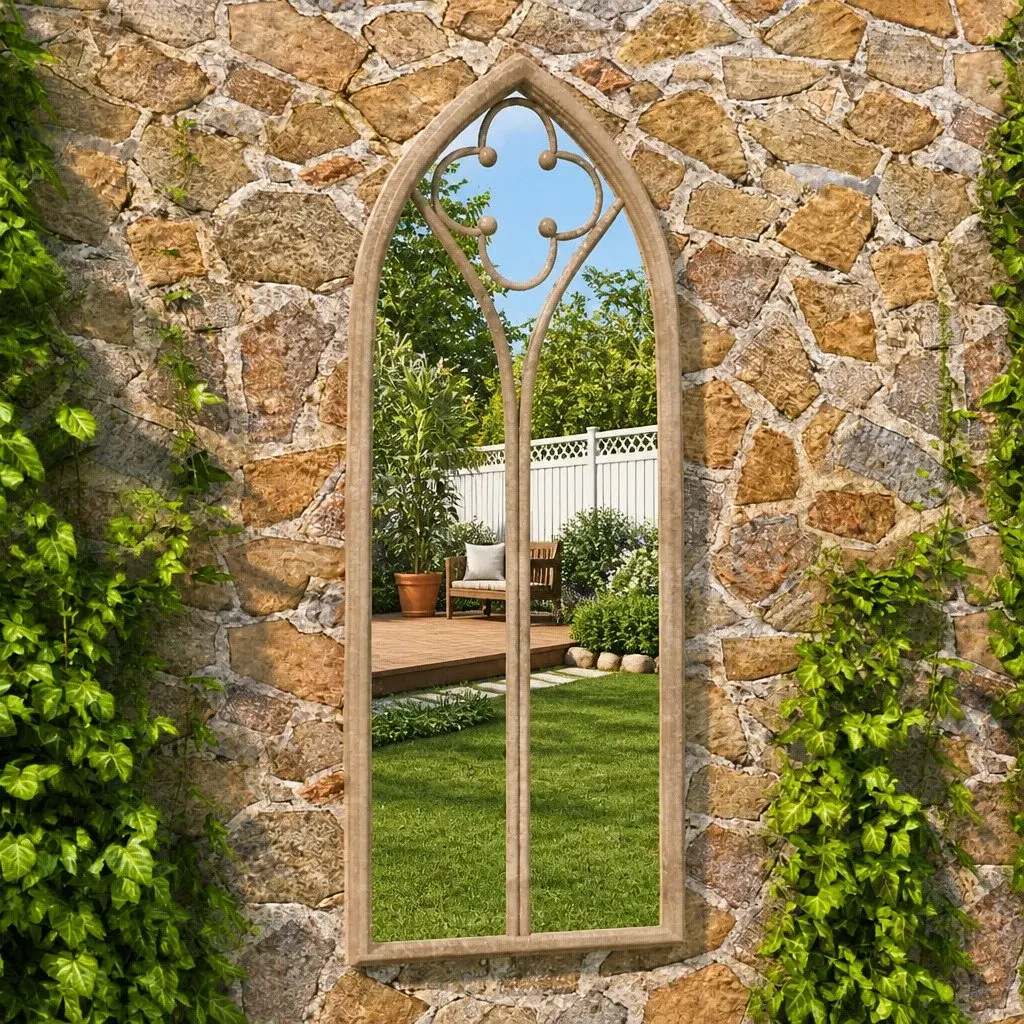Outdoor Mirror Rust Effect Iron Cream 100x45cm Wall Mount Garden Decor