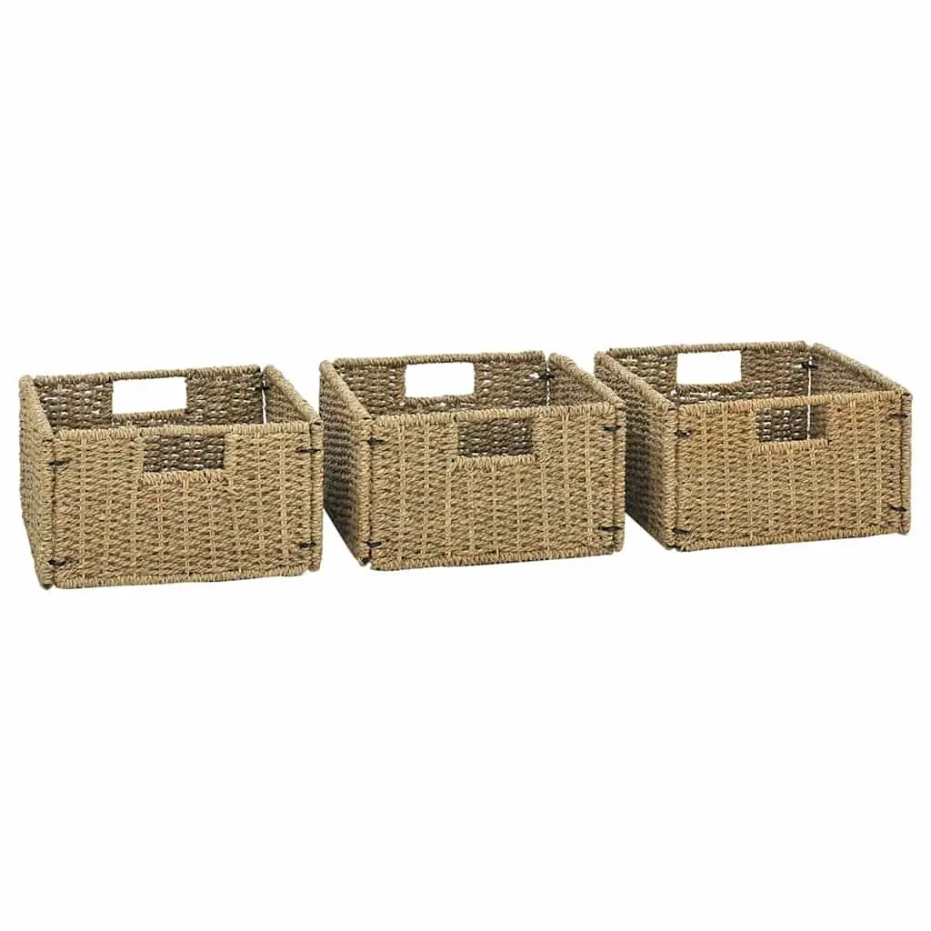 Bathroom Vanity Cabinet Brown Solid Teak Wood with Three Seagrass Baskets