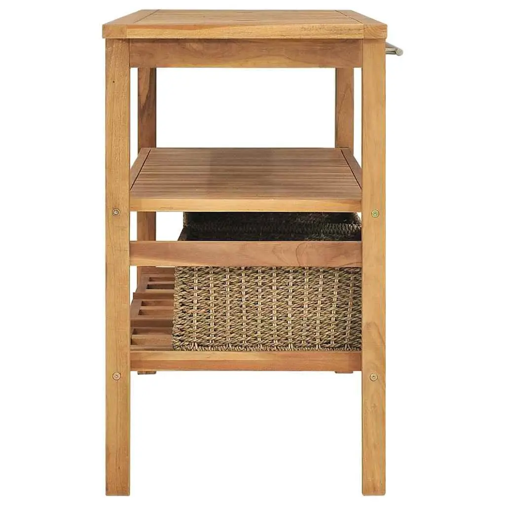 Bathroom Vanity Cabinet Brown Solid Teak Wood with Three Seagrass Baskets