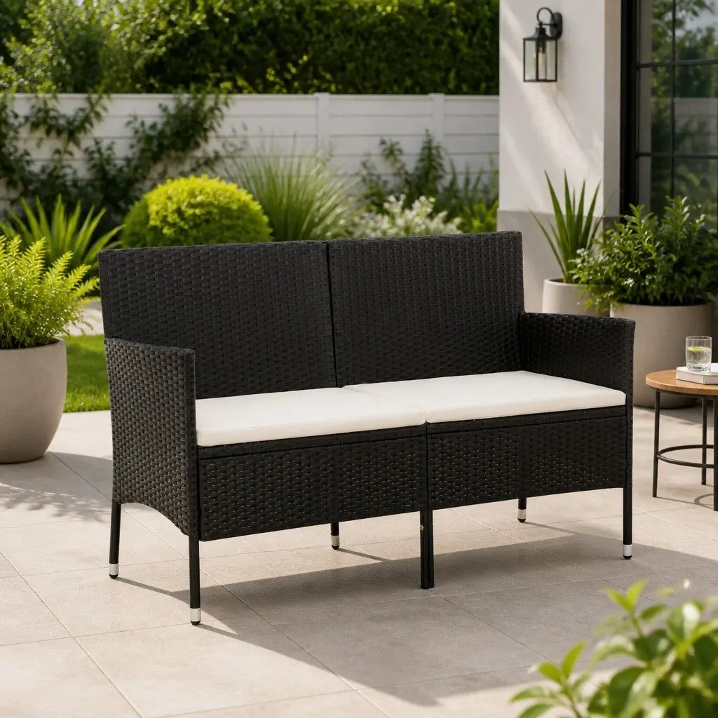 3-Seater Garden Sofa Poly Rattan Black Outdoor Patio Couch