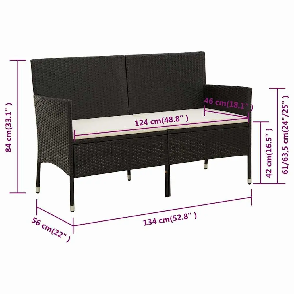 3-Seater Garden Sofa Poly Rattan Black Outdoor Patio Couch