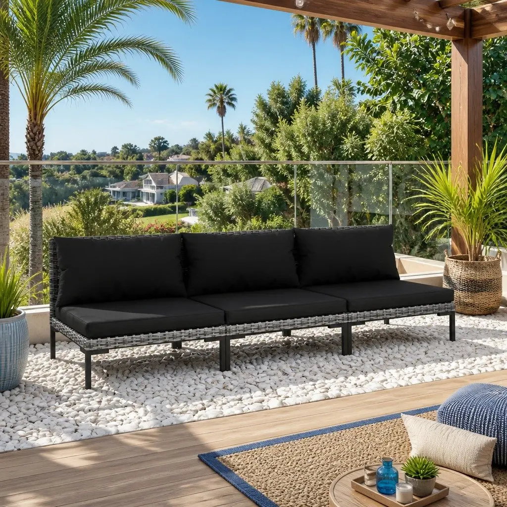 Outdoor Sectional Sofa Set Half Round Poly Rattan 3 Piece Grey with Cushions