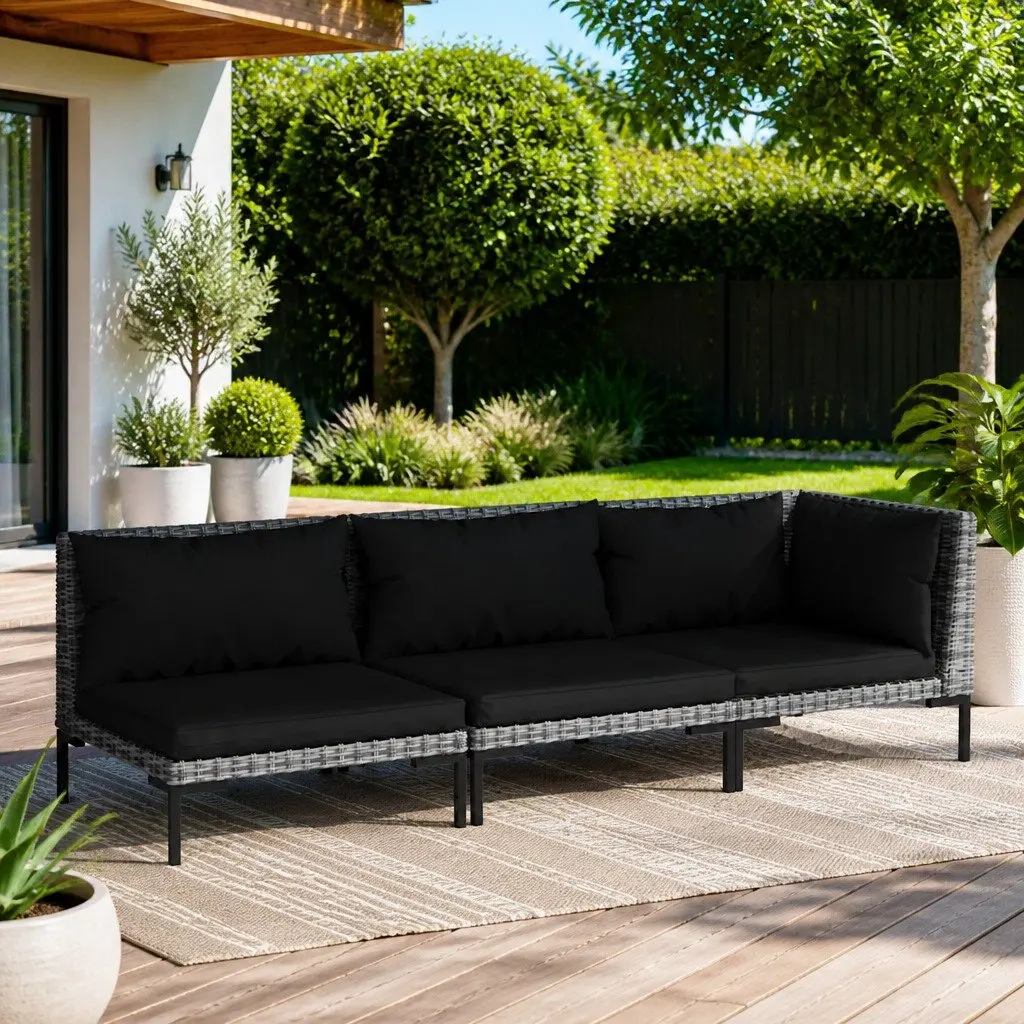Outdoor Sofa Set 3 Piece Grey Half Round Poly Rattan Cushioned Lounge