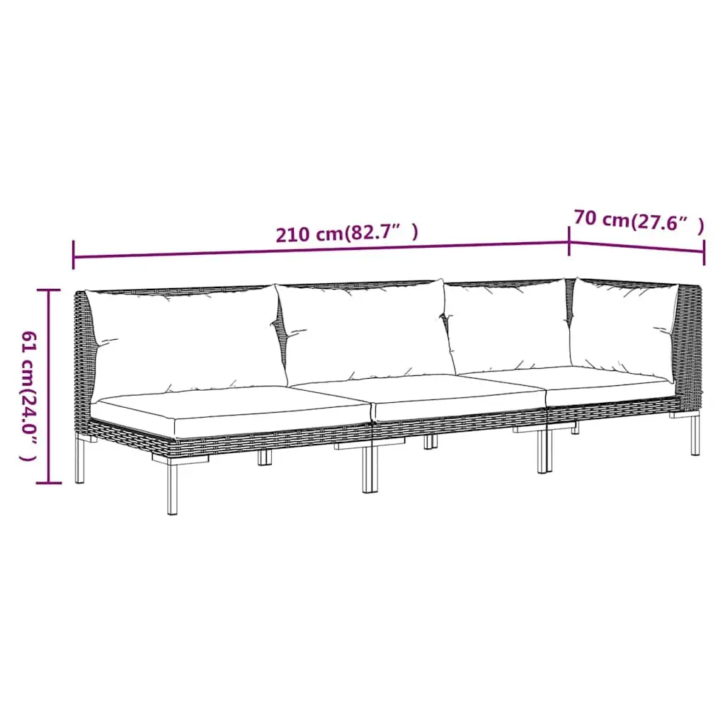 Outdoor Sofa Set 3 Piece Grey Half Round Poly Rattan Cushioned Lounge