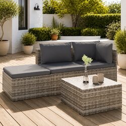 4 Piece Outdoor Garden Lounge Set Grey Poly Rattan Sofa Cushions Storage Box