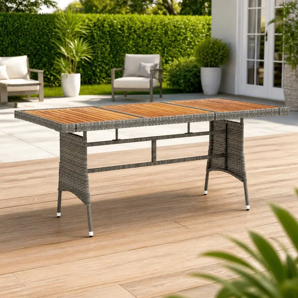 Garden Dining Table Grey Outdoor Patio Furniture PE Rattan Acacia Wood Frame