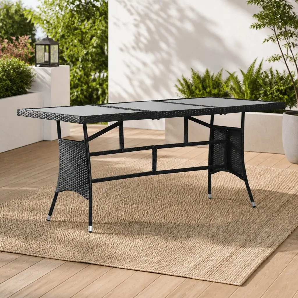 Garden Table PE Rattan Glass Top 170x80x74cm Black Outdoor Patio Furniture