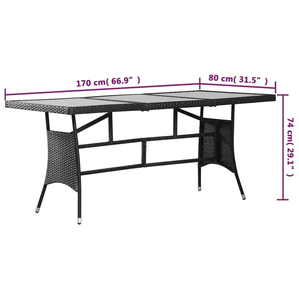 Garden Table PE Rattan Glass Top 170x80x74cm Black Outdoor Patio Furniture