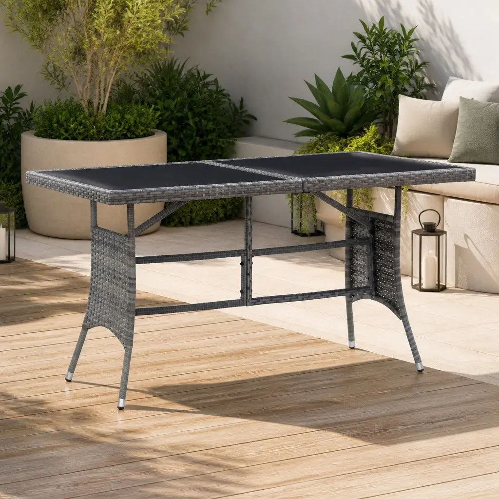 Garden Table Poly Rattan Glass Top 140x80x74cm Grey