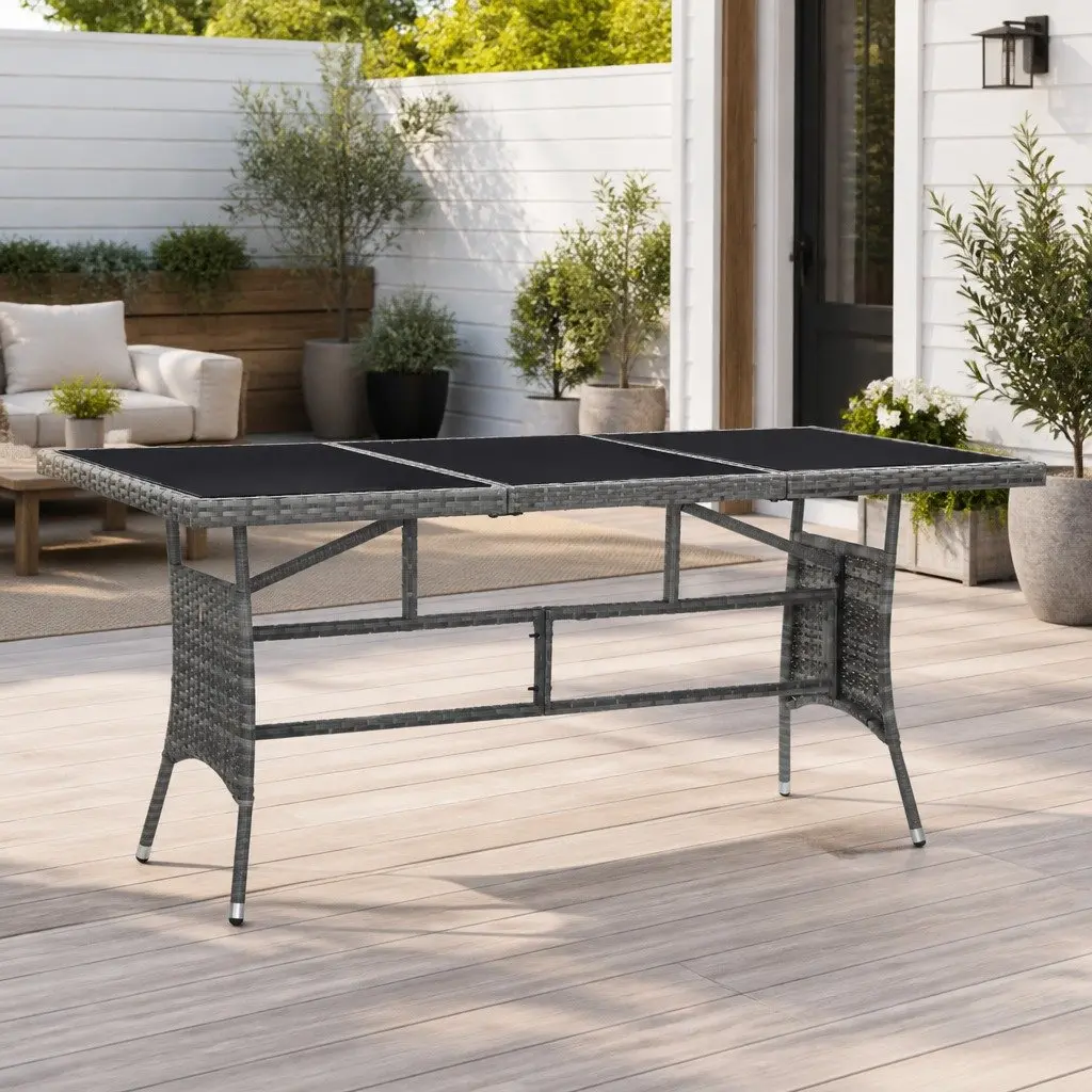 Grey Poly Rattan Garden Table Outdoor Patio Furniture Glass Top 170x80x74cm