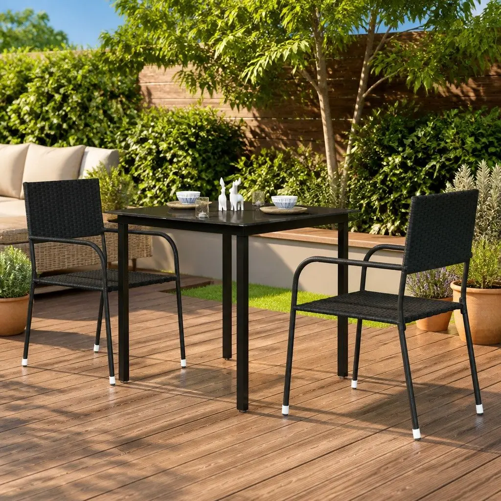 Outdoor Dining Table Steel Frame Black 80x80x74cm Minimalist Glass Top