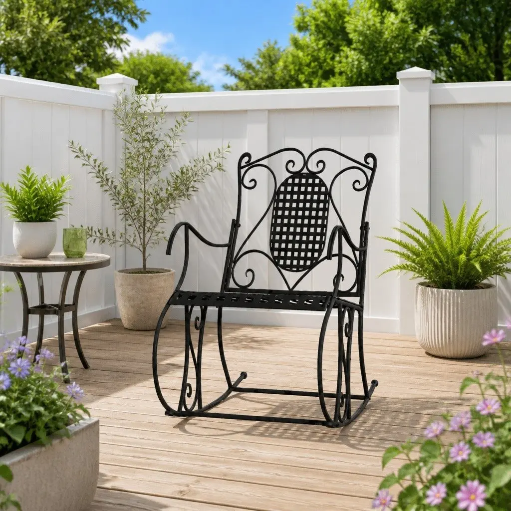 Rocking Bench Steel 84cm Black Outdoor High Back Support