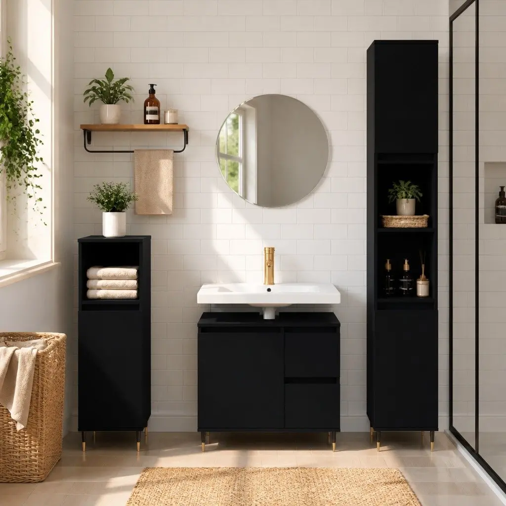 3 Piece Bathroom Furniture Set Engineered Wood Black Sink Cabinet Storage