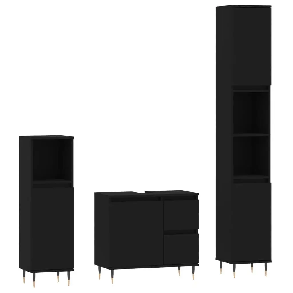 3 Piece Bathroom Furniture Set Engineered Wood Black Sink Cabinet Storage