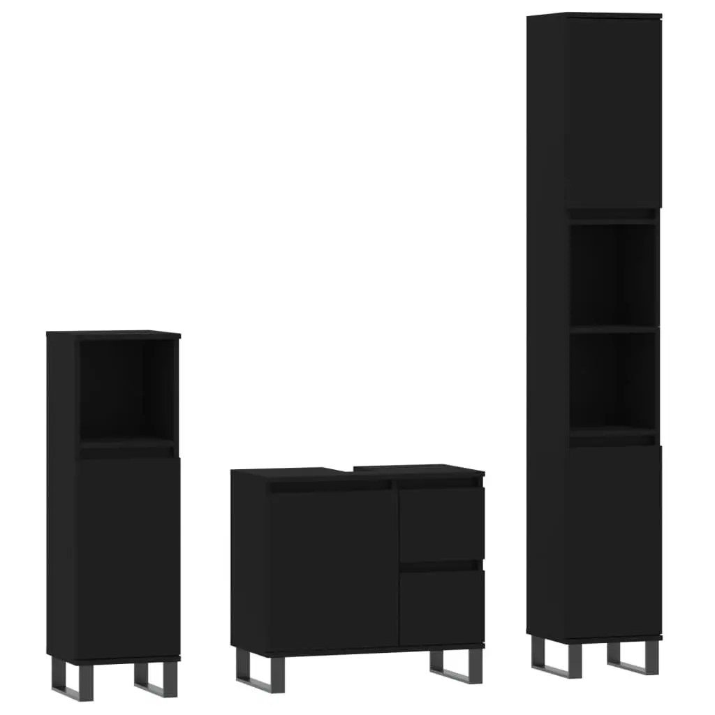 Bathroom Furniture Set Engineered Wood 3 Piece Black Cabinet Sink Vanity Storage