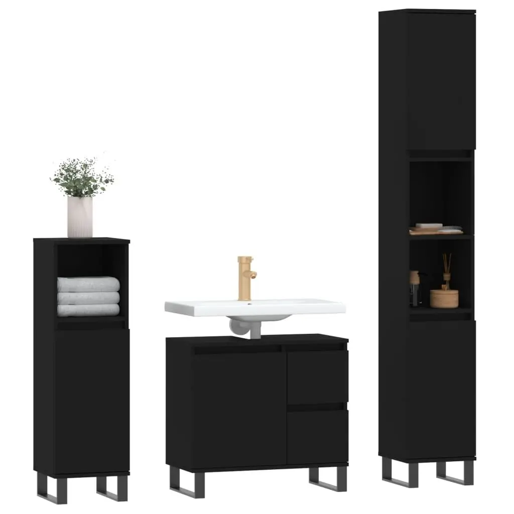 Bathroom Furniture Set Engineered Wood 3 Piece Black Cabinet Sink Vanity Storage