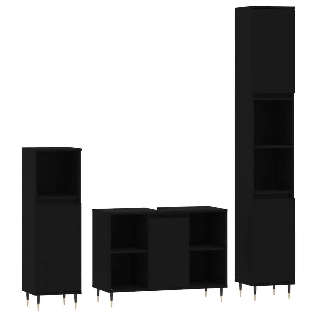 3 Piece Black Engineered Wood Bathroom Set Vanity Sink Storage Cabinet
