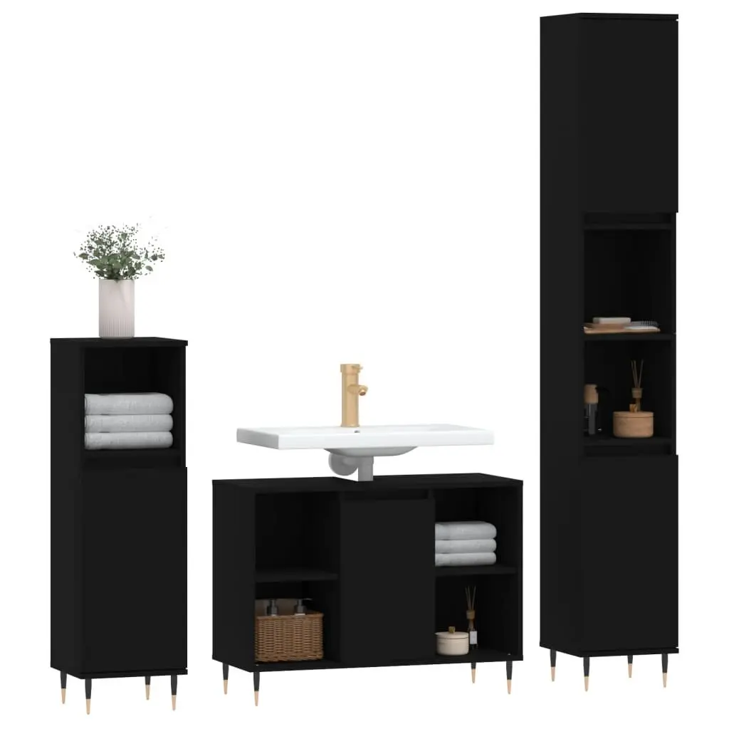 3 Piece Black Engineered Wood Bathroom Set Vanity Sink Storage Cabinet